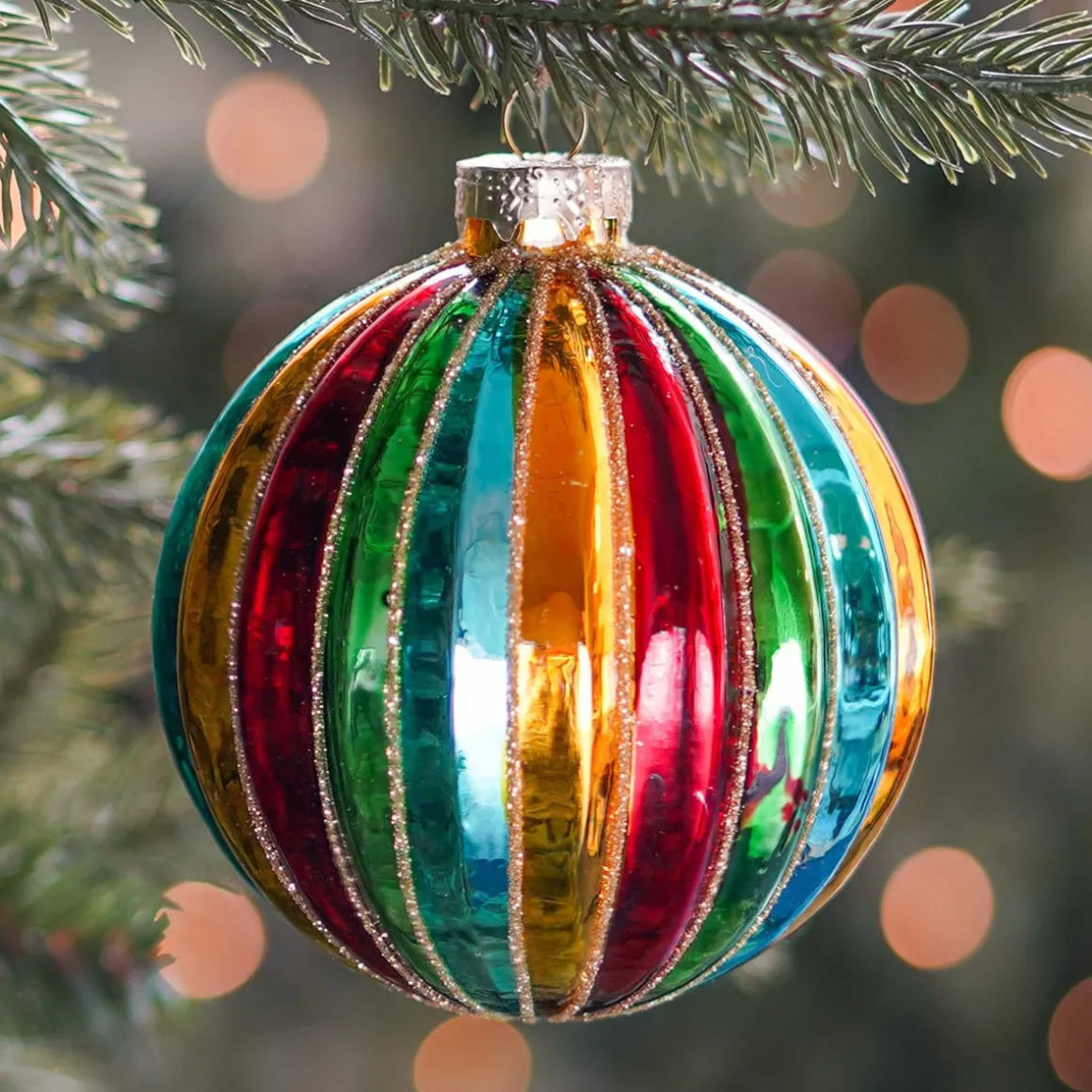 Luxury Christmas Bauble With Vertical Relief | Glass | Multi | 10cm