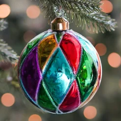 Luxury Christmas Bauble With Diamond Pattern | Glass | Multi | 10cm