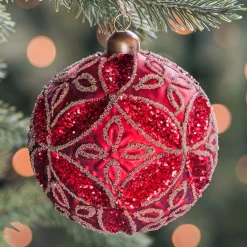 Luxury Christmas Bauble With Flower Relief | Red | Glass | 10cm