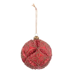 Luxury Christmas Bauble With Flower Relief | Red | Glass | 10cm