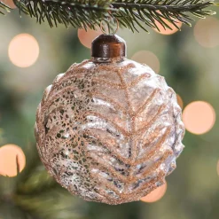 Luxury Christmas Bauble With Leaf Vein Relief | Champagne | Glass | 8cm