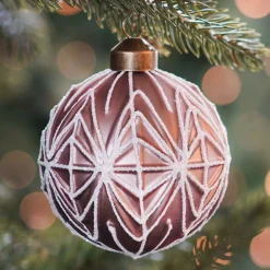 Luxury Christmas Bauble With Geometric Embossing | Taupe | Glass | 8 Cm