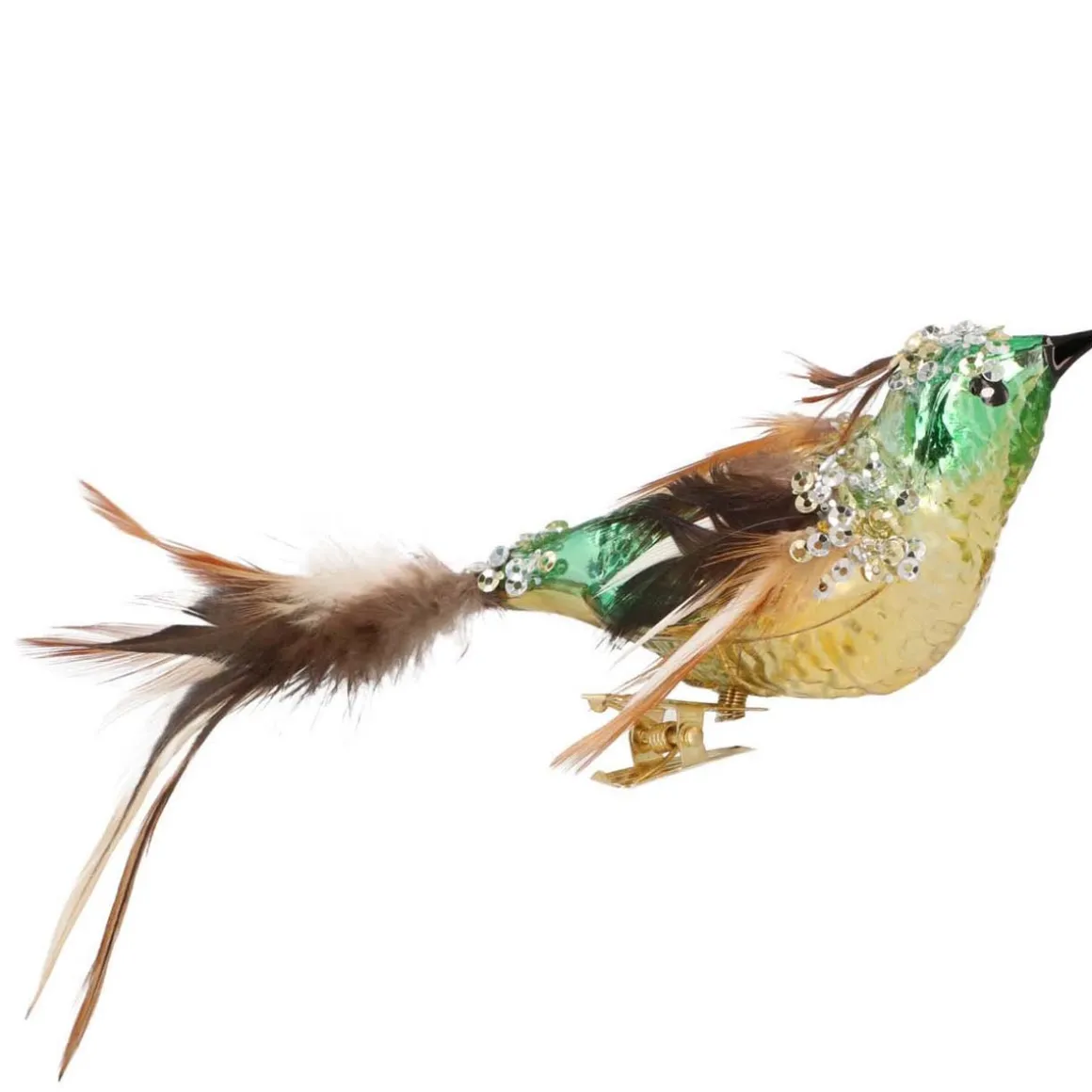 Luxury Clip On Bird Decoration | Green Gold | Glass | 12 Cm