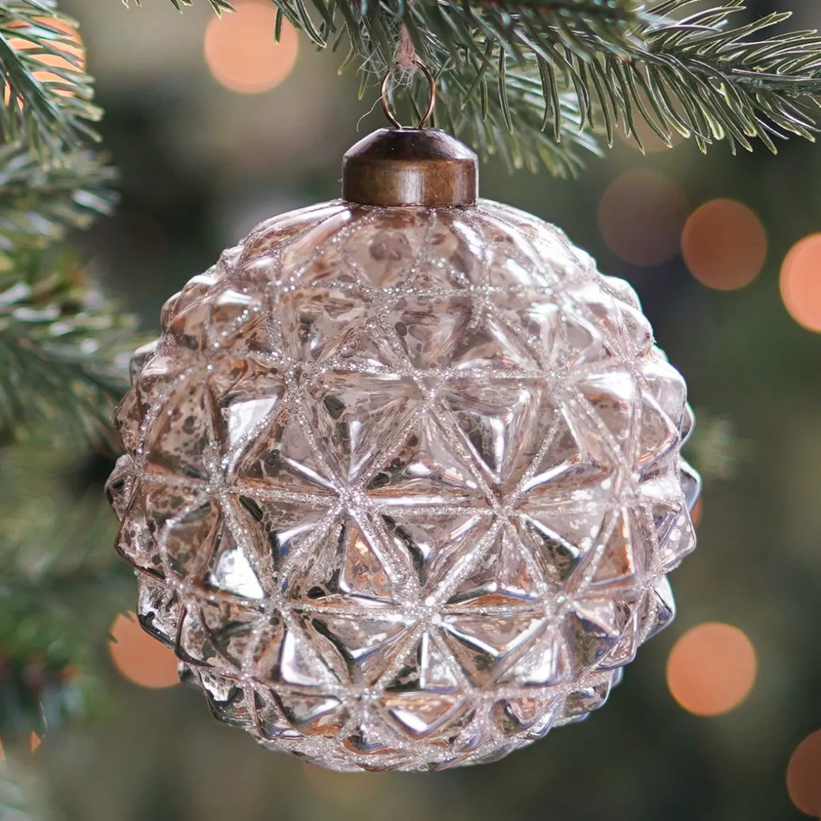Luxury Geometric Craquelé Bauble | Glass | Champagne | 10cm