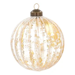 Luxury Glass Bauble With White Stripes And Gold | Glass | Transparent-Gold | 10cm