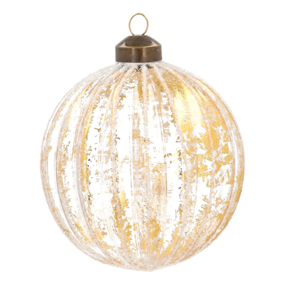 Luxury Glass Bauble With White Stripes And Gold | Glass | Transparent-Gold | 10cm
