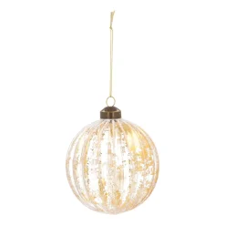 Luxury Glass Bauble With White Stripes And Gold | Glass | Transparent-Gold | 10cm