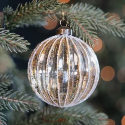 Luxury Glass Bauble With White Stripes And Gold | Glass | Transparent-Gold | 10cm