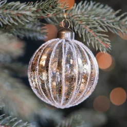 Luxury Glass Bauble With White Stripes And Gold | Glass | Transparent-Gold | 8cm