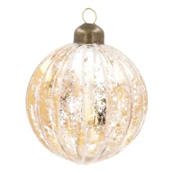 Luxury Glass Bauble With White Stripes And Gold | Glass | Transparent-Gold | 8cm