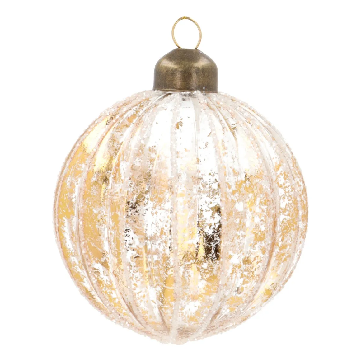 Luxury Glass Bauble With White Stripes And Gold | Glass | Transparent-Gold | 8cm