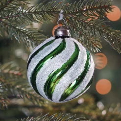 Luxury Glass Christmas Bauble Swirl 8cm Green White