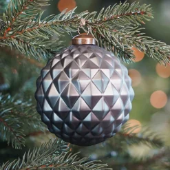 Luxury Glass Christmas Bauble With Geometric Relief 10 Cm Cottage Green