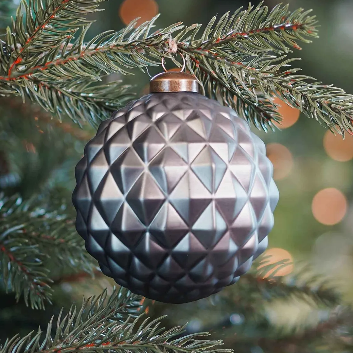 Luxury Glass Christmas Bauble With Geometric Relief 10 Cm Cottage Green