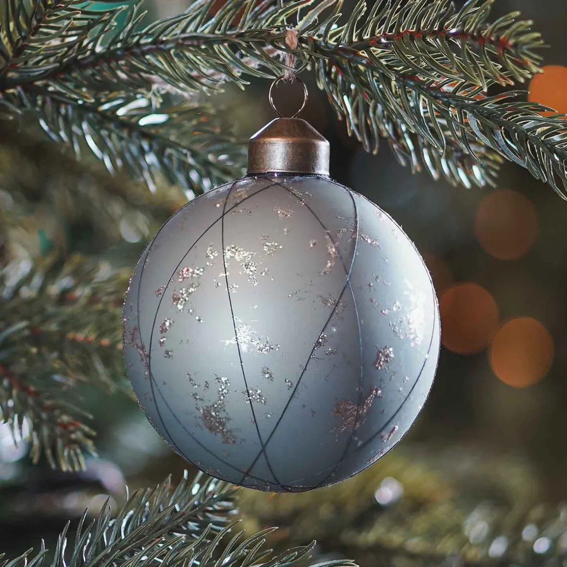 Luxury Glass Christmas Bauble Antique With Lines 8 Cm Cottage Green