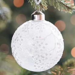 Luxury Glass Christmas Bauble Ice Flowers 8 Cm Milk White
