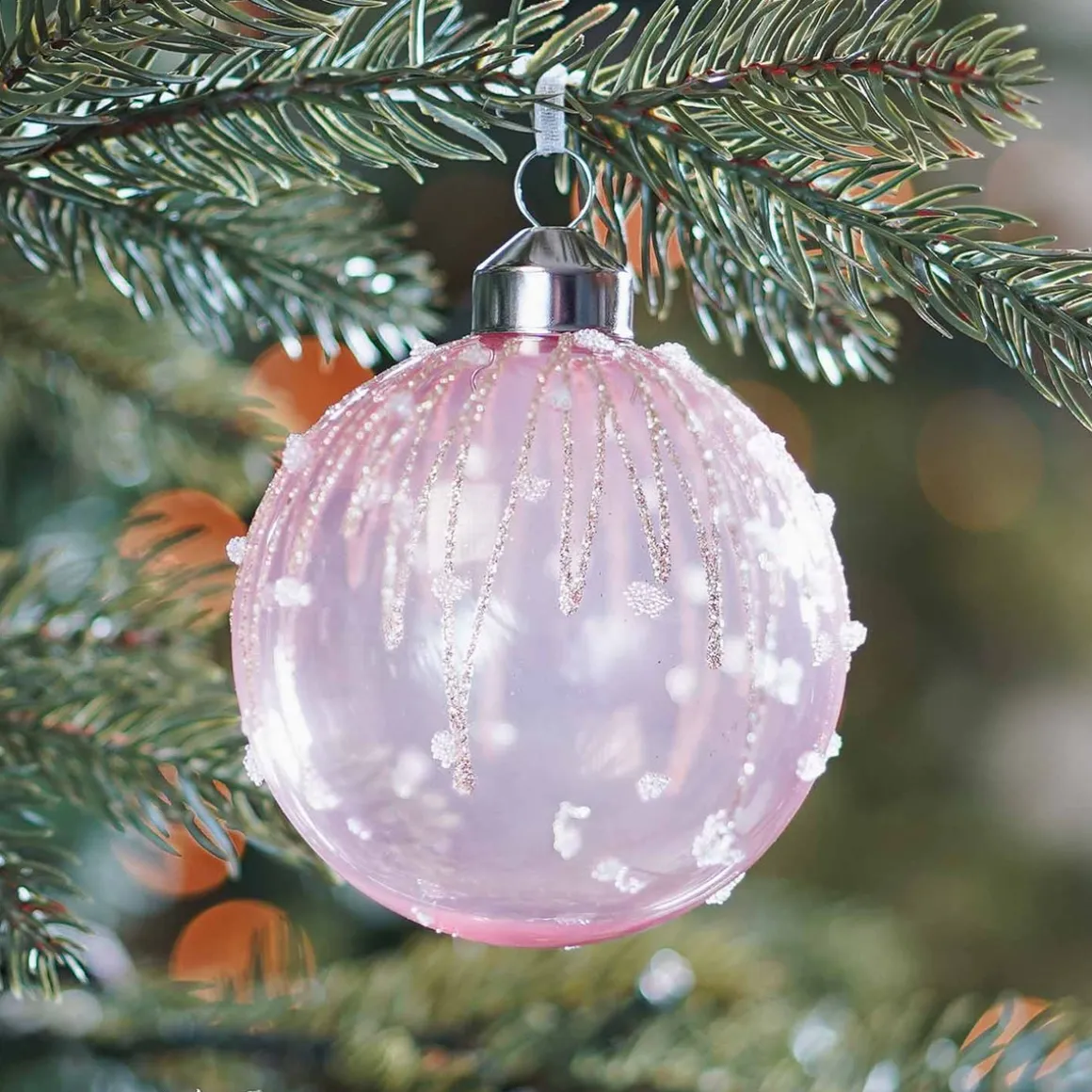 Luxury Glass Christmas Bauble With Icicles 8 Cm Transparant Pink