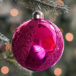 Luxury Glitter Swirl Bauble | Glass | Fuchsia | 10cm