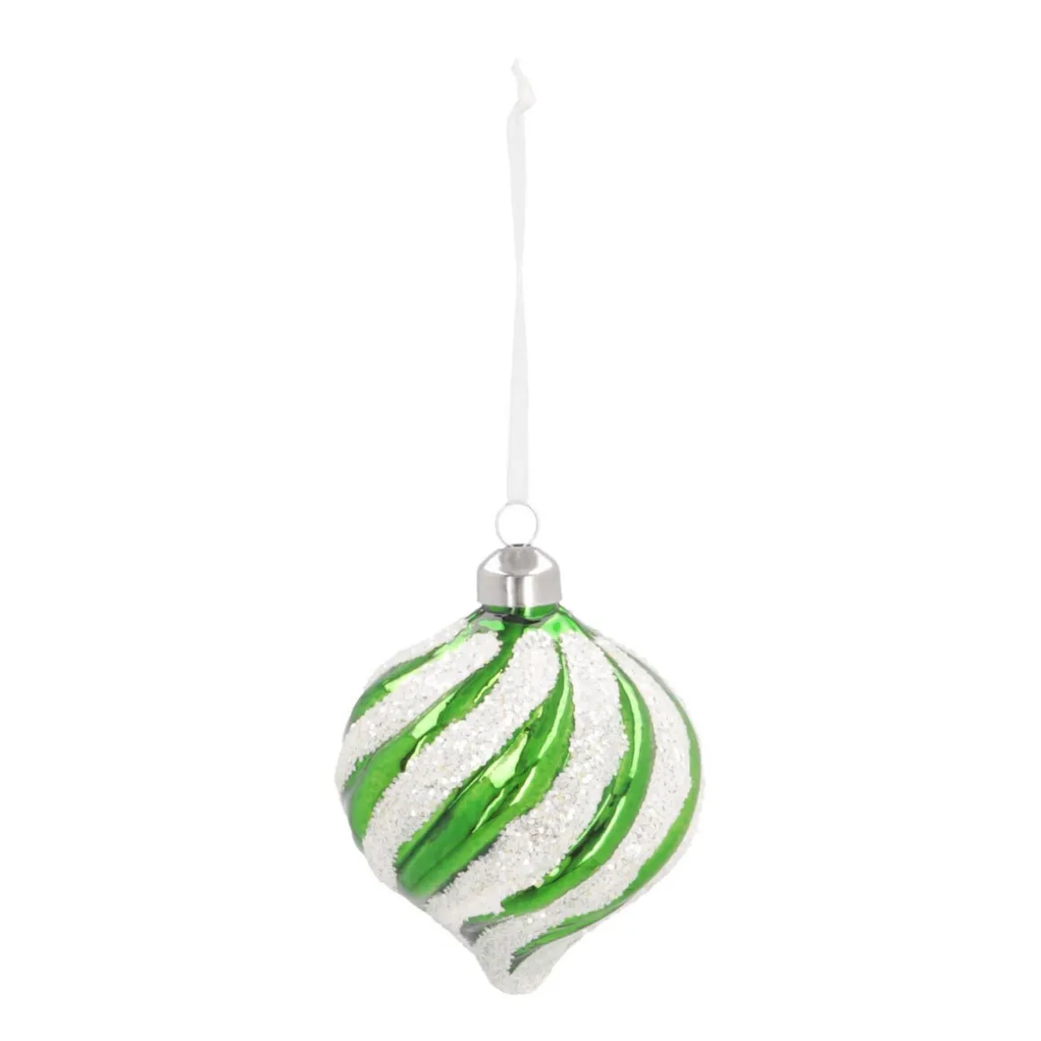 Luxury Onion-Shaped Christmas Bauble With Swirl | Glass | Green-White | 8cm