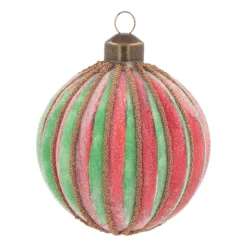 Luxury Striped Frost Bauble | Glass | Green-Red | 8cm