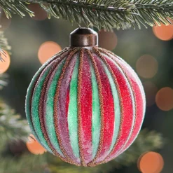 Luxury Striped Frost Bauble | Glass | Green-Red | 8cm