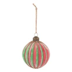 Luxury Striped Frost Bauble | Glass | Green-Red | 8cm