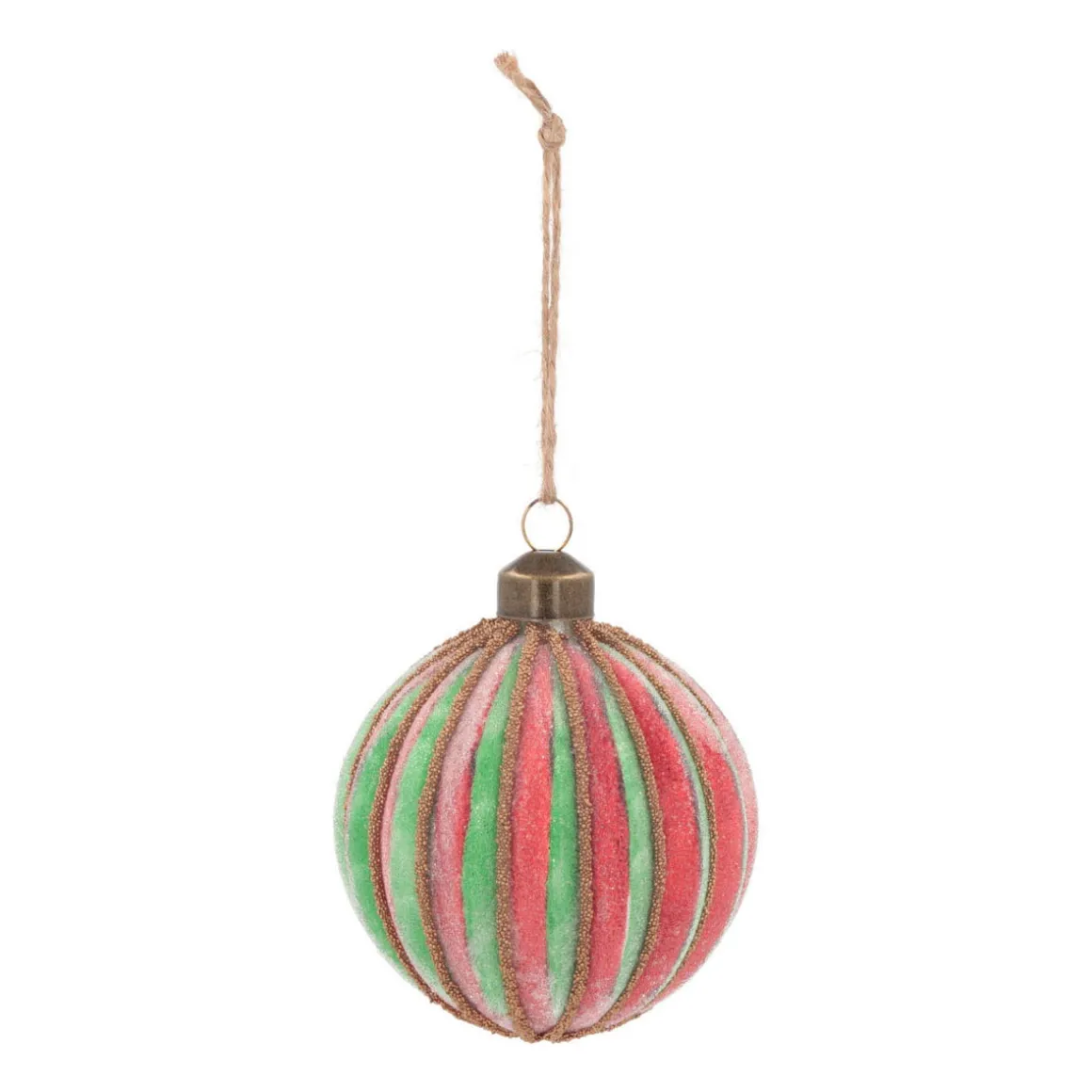 Luxury Striped Frost Bauble | Glass | Green-Red | 8cm