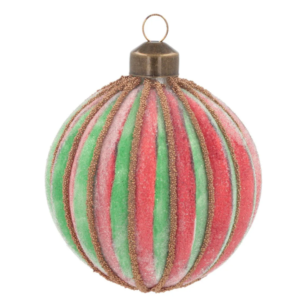 Luxury Striped Frost Bauble | Glass | Green-Red | 8cm
