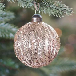 Luxury Transparent Christmas Bauble With Glitter Stripes | Bronze | Glass | 8cm