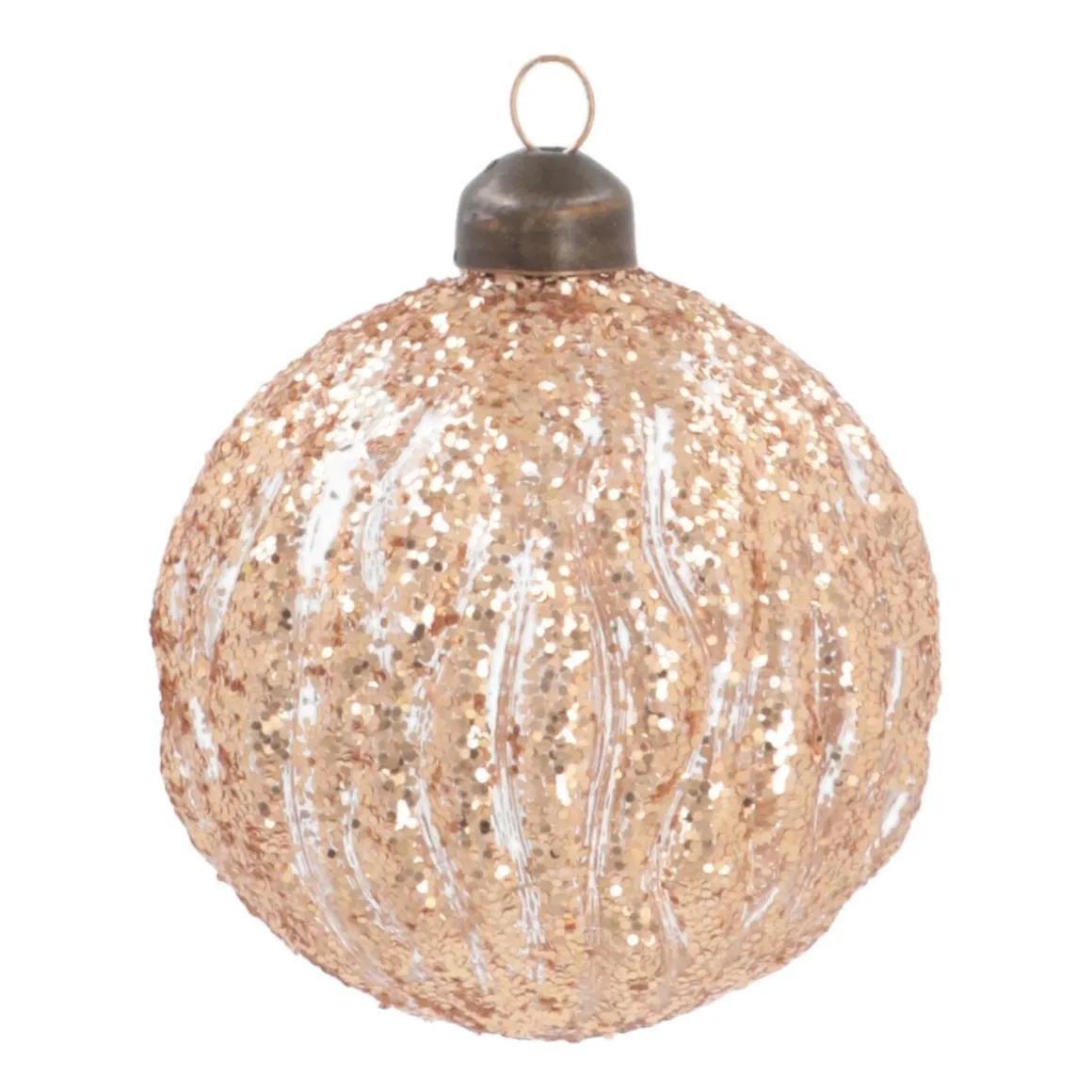 Luxury Transparent Christmas Bauble With Glitter Stripes | Bronze | Glass | 8cm