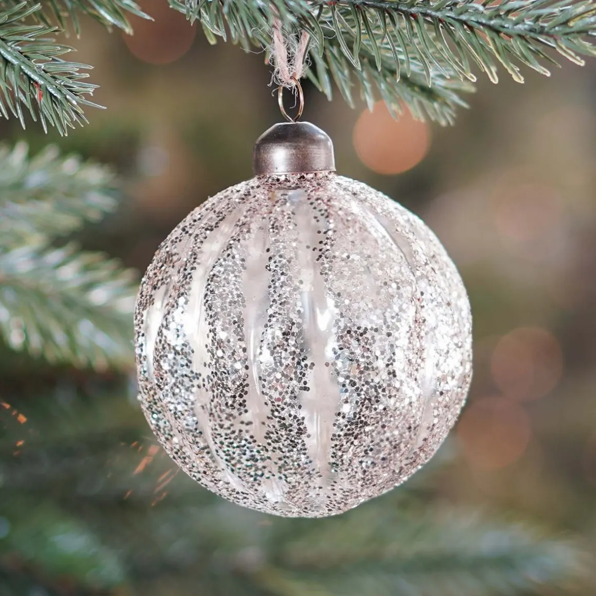 Luxury Transparent Christmas Bauble With Glitter Stripes | Champagne | Glass | 8cm