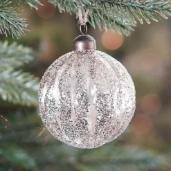 Luxury Transparent Christmas Bauble With Glitter Stripes | Champagne | Glass | 8cm