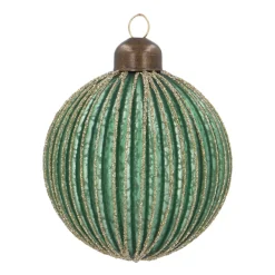 Luxury Vertical Relief Bauble With Glitter | Glass | Green-Gold | 8cm