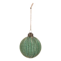 Luxury Vertical Relief Bauble With Glitter | Glass | Green-Gold | 8cm