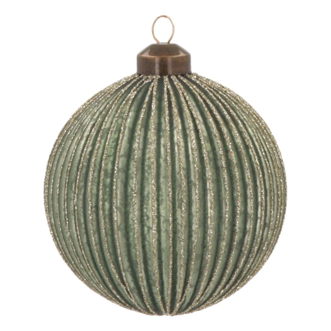 Luxury Vertical Relief Bauble With Glitter | Glass | Green-Gold | 10cm