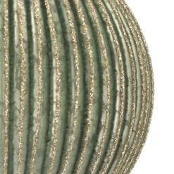 Luxury Vertical Relief Bauble With Glitter | Glass | Green-Gold | 10cm