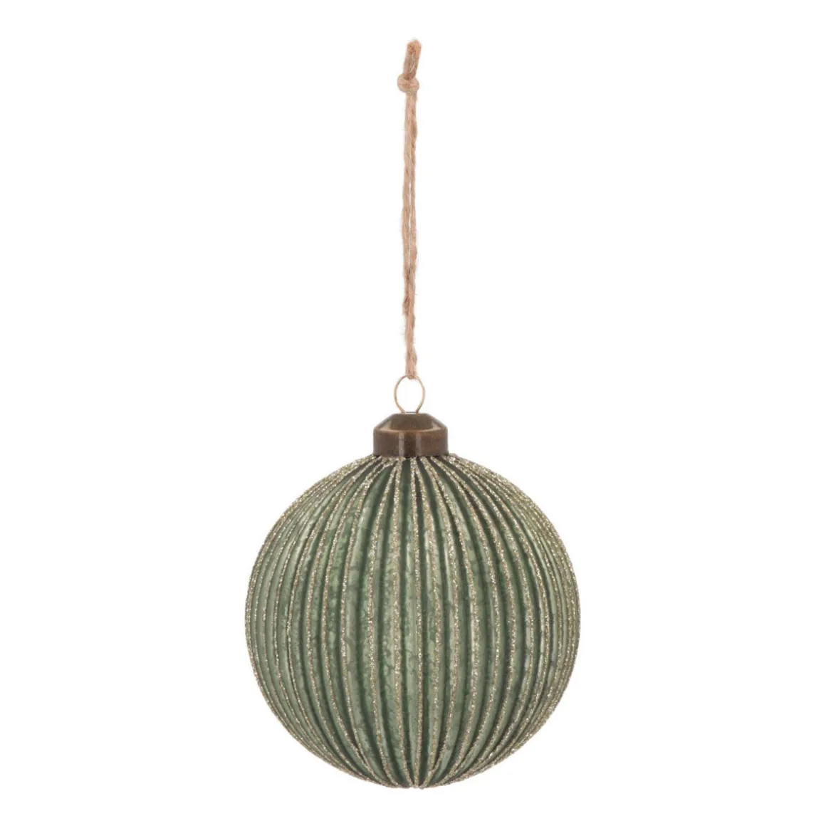 Luxury Vertical Relief Bauble With Glitter | Glass | Green-Gold | 10cm