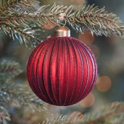 Matte Red Crackle Christmas Bauble With Glitter Lines