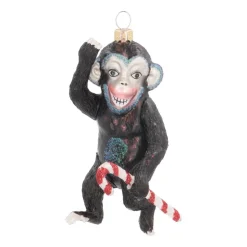 Monkey With Candy Cane Ornament | Glass | Black | 12cm