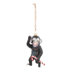 Monkey With Candy Cane Ornament | Glass | Black | 12cm