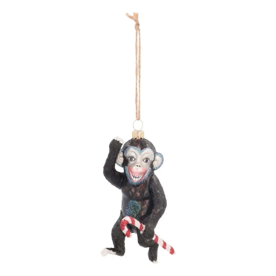 Monkey With Candy Cane Ornament | Glass | Black | 12cm