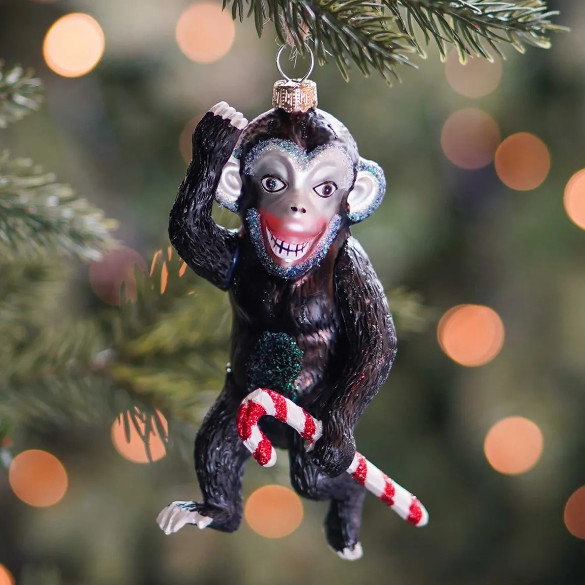 Monkey With Candy Cane Ornament | Glass | Black | 12cm