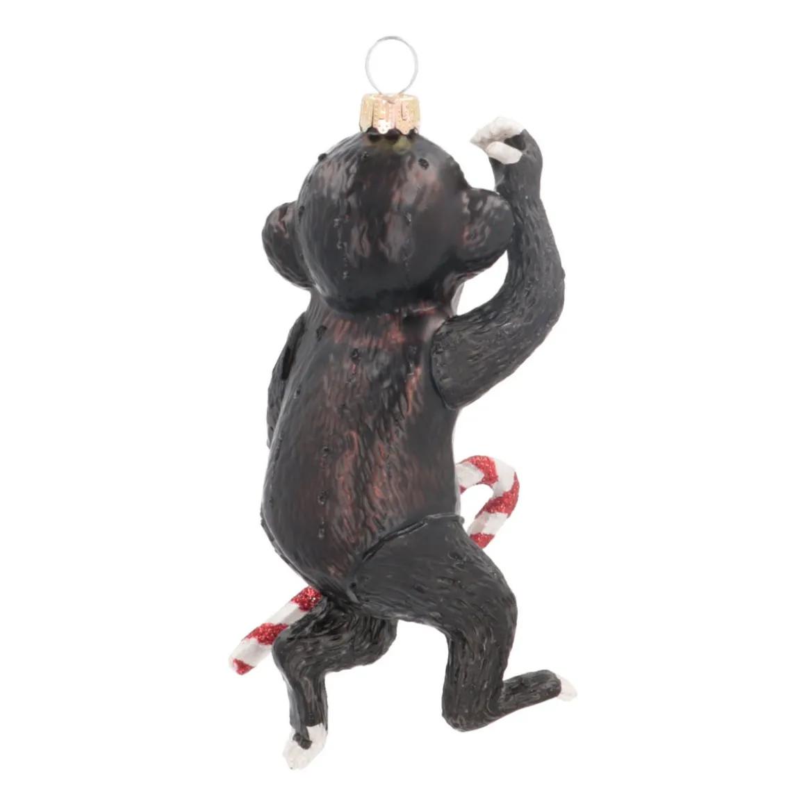 Monkey With Candy Cane Ornament | Glass | Black | 12cm