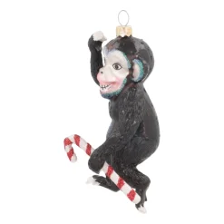 Monkey With Candy Cane Ornament | Glass | Black | 12cm