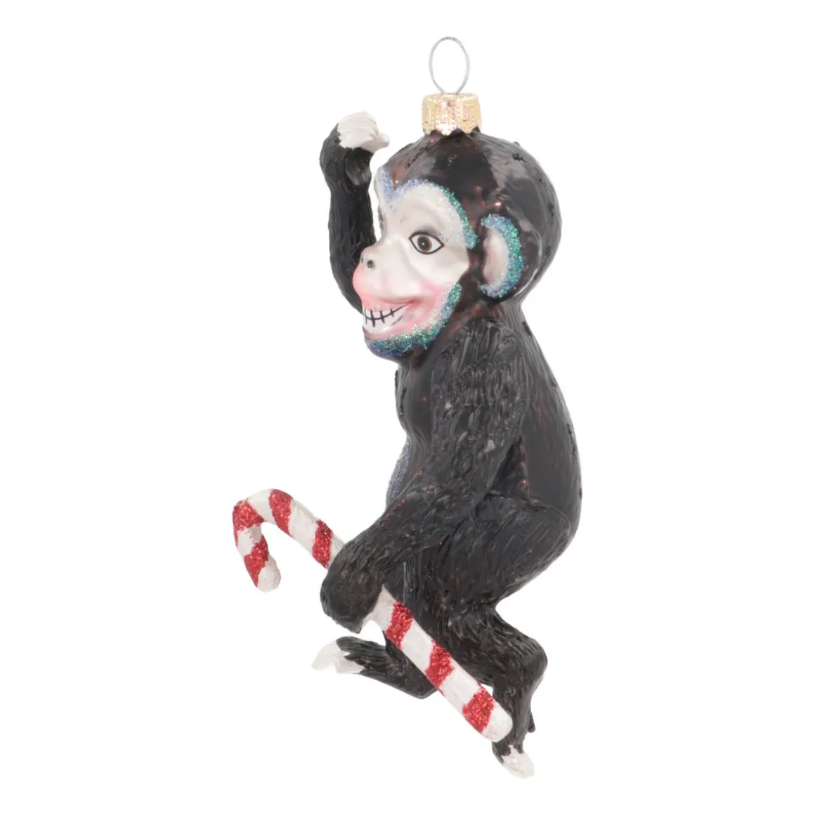 Monkey With Candy Cane Ornament | Glass | Black | 12cm