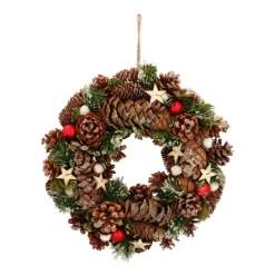 Natural Christmas Wreath With Red Baubles 34cm