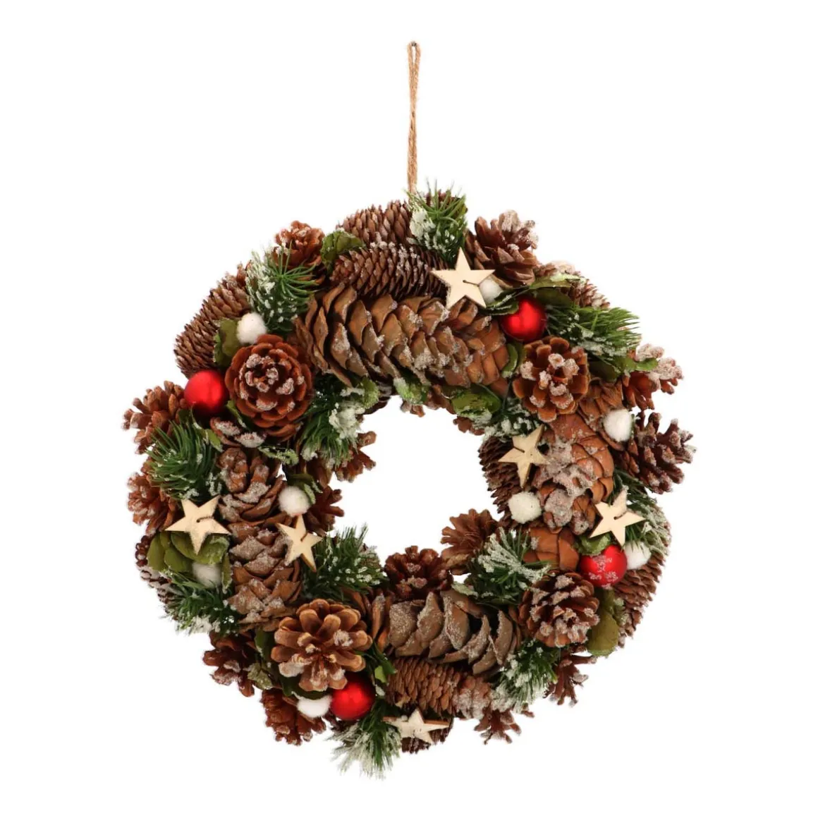 Natural Christmas Wreath With Red Baubles 34cm