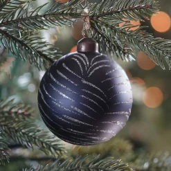 Noble Glass Christmas Bauble With Golden Lines 8cm Black