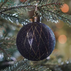 Noble Glass Christmas Bauble With Golden Stripes 8cm Black