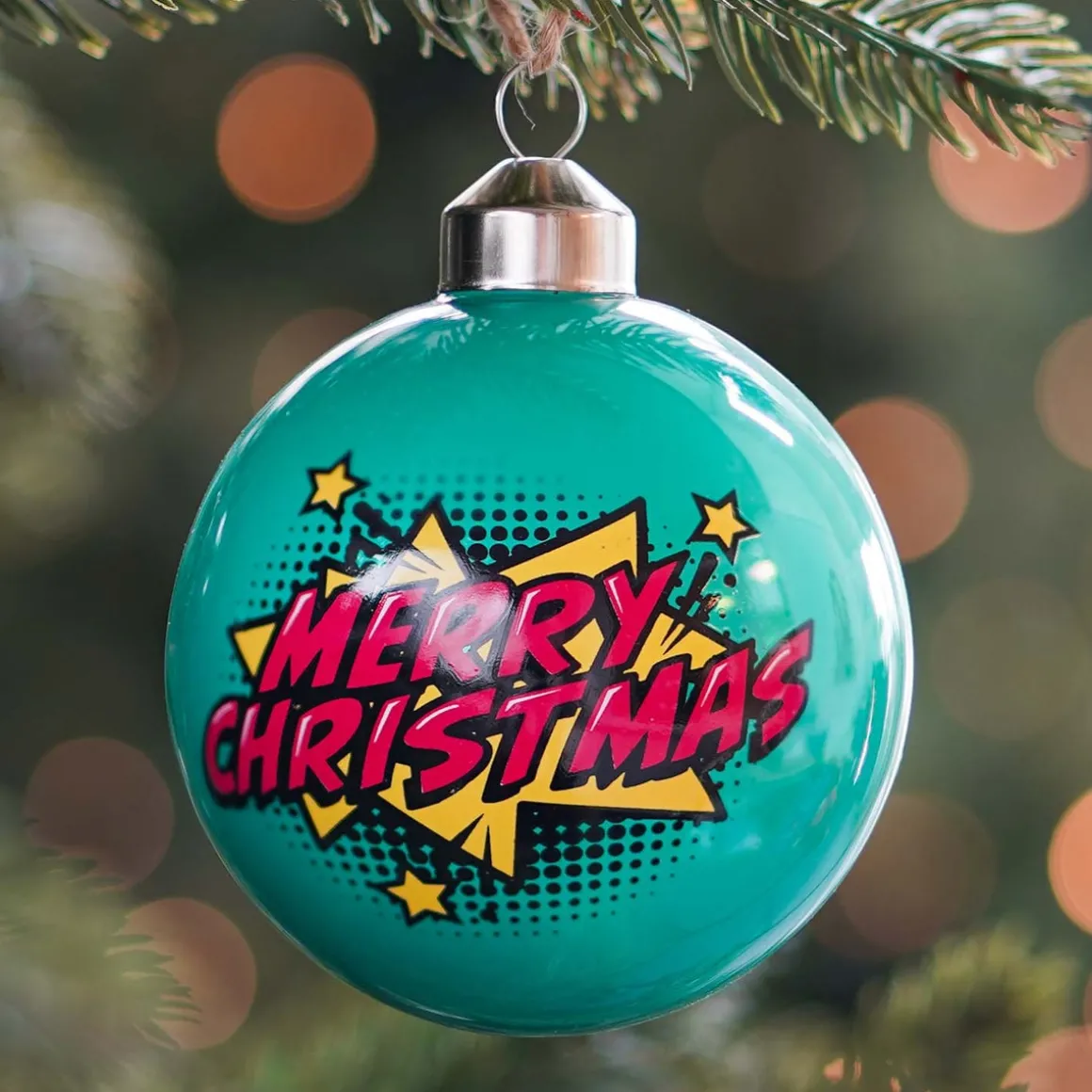 Pop-art Christmas Bauble "Merry Christmas" | Glass | Teal | 8 Cm